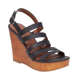 Lucky Brand Larinaa Leather Black Strappy Wedge Sandals